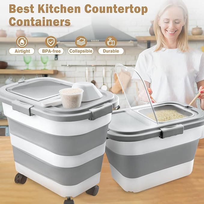 Komzon Rice Storage Container, Collapsible Airtight Food Storage Containers 6-20 Lbs, Rice Dispenser Bin with Cup and Scoop for Flour Cereal Pasta Grain, Cat Bird Pet Dog Food Storage Container