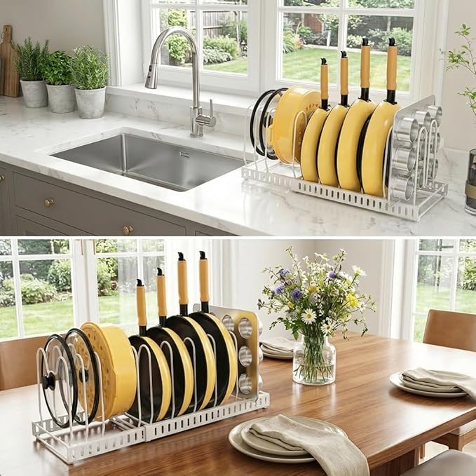 Pot And Pan Organizer Under Cabinet, Expandable Pans and Pots Organizer Rack Pot Lid Holder Shelf with 12 Different Size Dividers (12 Brackets-White)