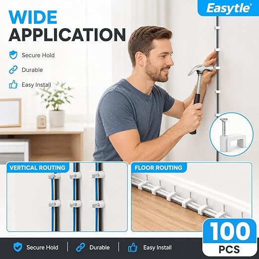 Cable Clips Nail in Cable Clips 100 Pcs 8mm Flat Ethernet Cable Wall Clips Cable Tacks Coax Cable Clip Speaker Wire Clips Cable Nails for Cords Cat5/Cat5e/Cat6/Cat7 RJ45 Cord Clips