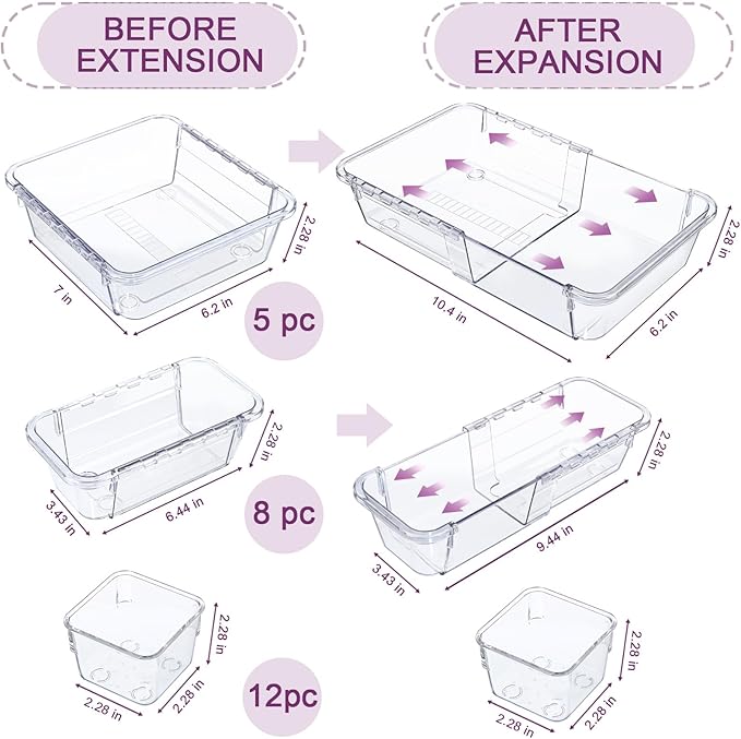 25 Pcs Clear Drawer Organizer, Adjustable Drawer Storage Box