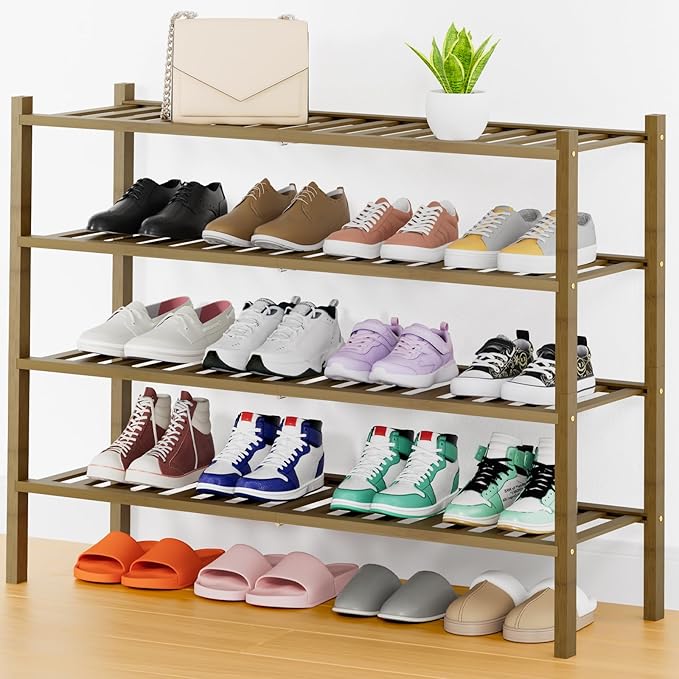 Smiry Long Bamboo Shoe Rack, 4 Tier Free Standing Wooden Shoe Organizer, Stackable Wood Shoe Storage Shelf for Closet, Entryway, 14 Vertical Slats, 2+2 Stack Heavy-Duty Legs, 33.7"x11"x26", Walnut
