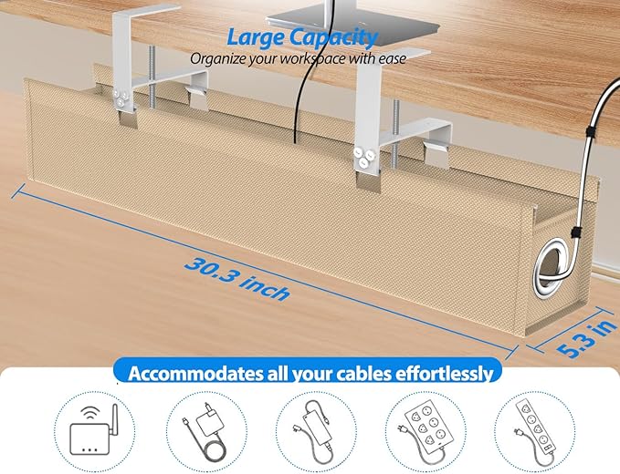 [Upgraded] Large Under Desk Cable Management Tray No Drill, Suolaao 30" Cord Organizer with Oxford Fabric, Clamp Mount, Holds 30 lbs, Large Cable Rack for Gaming & Home Office Standing Desk