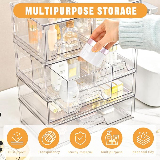 4 Pack Stackable Storage Drawers Clear Acrylic Organizer Bathroom Makeup