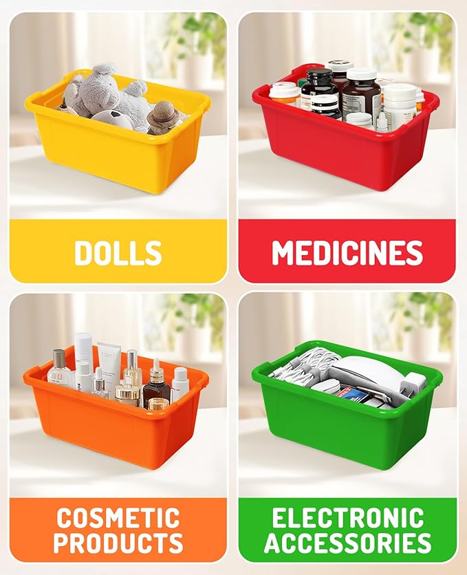GAMENOTE 6 Quart Storage Bins with Lids, Plastic Latching Box for Classroom & Kids Toy Storage,Stackable Shoe Box Size Containers for STEM Morning Tubs, Crafts & Blocks (12, Colorful Without Lid)