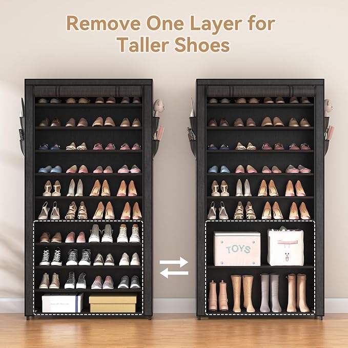 ROJASOP 10 Tier Shoe Rack with Covers,Large Capacity Stackable Tall Shoe Shelf Storage to 50-55 Pairs Shoes and Boots Sturdy Metal Free Standing Shoe Rack Organizer for Closet Entryway Garage
