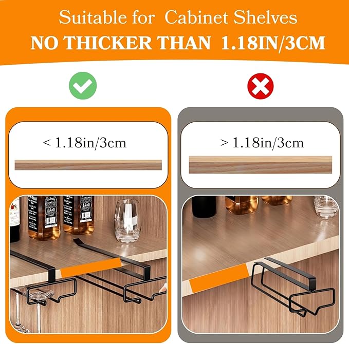 LINFIDITE Wine Glass Holder 2PCS Stemware Rack Hanger Under Cabinet Wine Glass Rack Kitchen Hanging Storage Rack Organizer,Black (For Partition Thickness under 1.18")