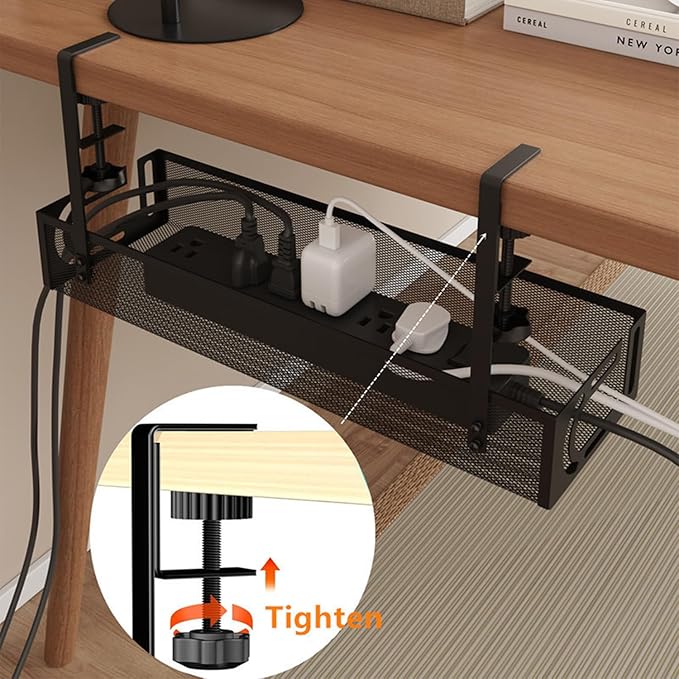 No-Drill Under Desk Cable Management Tray - Tool-Free Installation with Dual Silicone Pads | No Adhesive, No Magnets, No Residue | Heavy-Duty Steel Construction for Wood & Glass Desktops (Black)