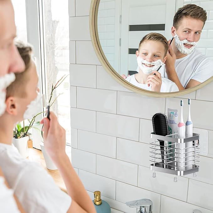 Luxspire Toothbrush Holders for Bathroom, Stainless Steel Electric Toothbrush Holder Wall Mounted, Shower Toothbrush Toothpaste Holder, Bathroom Organizer Essentials, 2 Slots, Silver