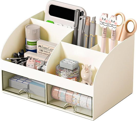 Desk Organizer with 6 Compartments and 2 Drawers, Ivory