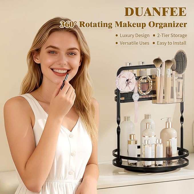 360 Rotating Makeup Organizer, 2-Tier Black Perfume Organizer for Dresser, Bathroom Counter Organizer, Lazy Susan Vanity Tray Spinning Skincare Storage with Jewelry Hooks & Makeup Brush Holder