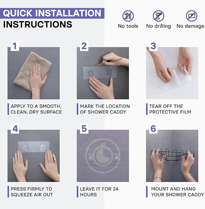 KINCMAX 2 Packs Strong Sticky Waterproof Heavy-duty Wall Adhesives Nail Free Transparent Adhesive Pad No-trace Wall Stick Adhesives Hook Strip for Shower Caddy, Kitchen Racks, Bathroom Storage Shelves
