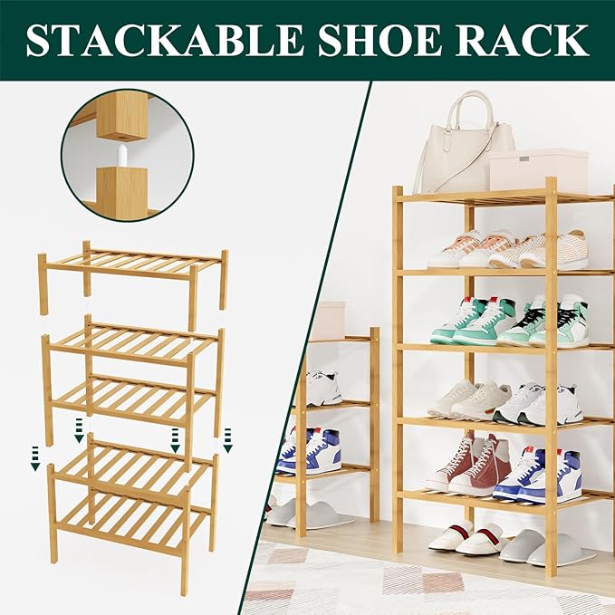 Smiry Small Bamboo Shoe Rack, 5 Tier Free Standing Wooden Shoe Organizer, Stackable Wood Shoe Storage Shelf for Closet, Entryway, 12 Vertical Slats, 2+2+1 Stack Standard Legs, 17.3"x11"x32.5", Natural