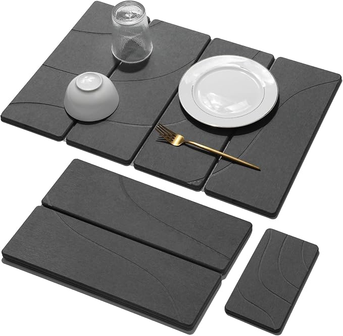 Large Stone Dish Drying Mat for Kitchen Counter, Carved Gray 24"x16"&8"x4"