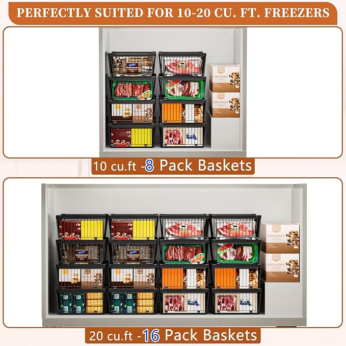Large Freezer Organizer Bins，Upgraded Bottom Leak-Proof net，Fit 10 to 20 Cu.Ft Deep Freezer，2 Pack， Expandable Stackable Chest Freezer Organizer Bins , for Fridge, Deep Freezer, Cabinet