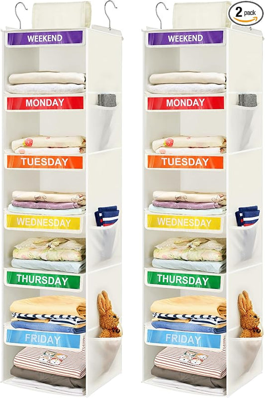 2 Pack 6-Shelf Weekly Clothes Organizer for Kids, White