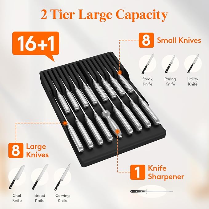 Lifewit Magnetic Drawer Knife Organizers Insert, Kitchen Plastic In Drawer Knife Block Slots, Steak Chefs Knives Holder Storage for 16 Knives and 1 Sharpening Steel, Extra Large, Black, 16.5"/42 cm(W)