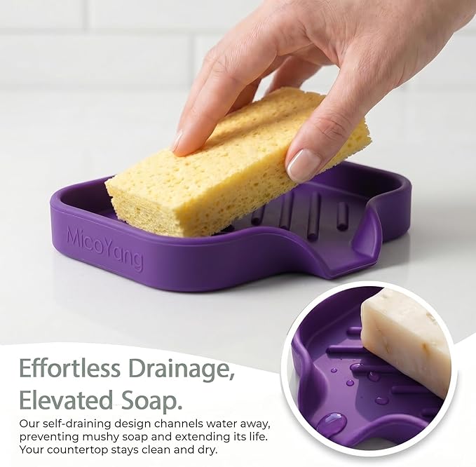 MicoYang Silicone Soap Dish with Drain Spout — Self-Draining Sink Organizer Tray for Bathroom & Kitchen, Holds Bar Soap, Sponges & Dispensers, Non-Slip & Dishwasher Safe, Purple (Small, 4.9"×3.2")