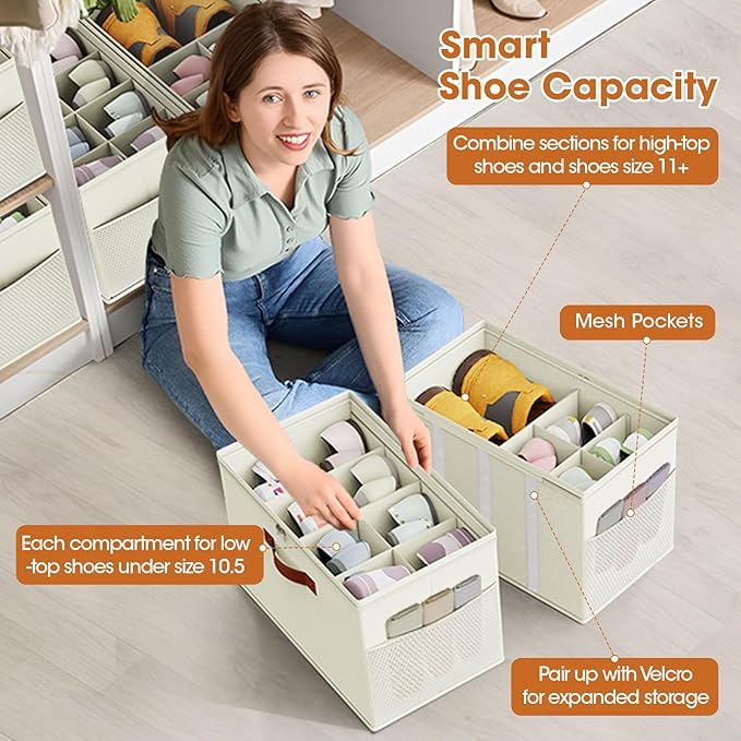 4-Pack Shoe Organizer for Closet, Foldable Shoe Storage Box with Adjustable Dividers & Clear Cover, Fits 32 Pairs, Beige, Durable and Space-Saving
