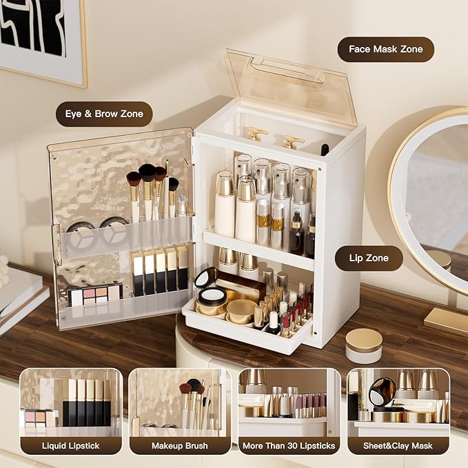 Makeup Organizer with Drawers,Skincare Organizer for Vanity,Large Cosmetic Display Case with Handle,Storage Organizers with Cover and Makeup Brush Holder for Dresser, Bathroom Countertop