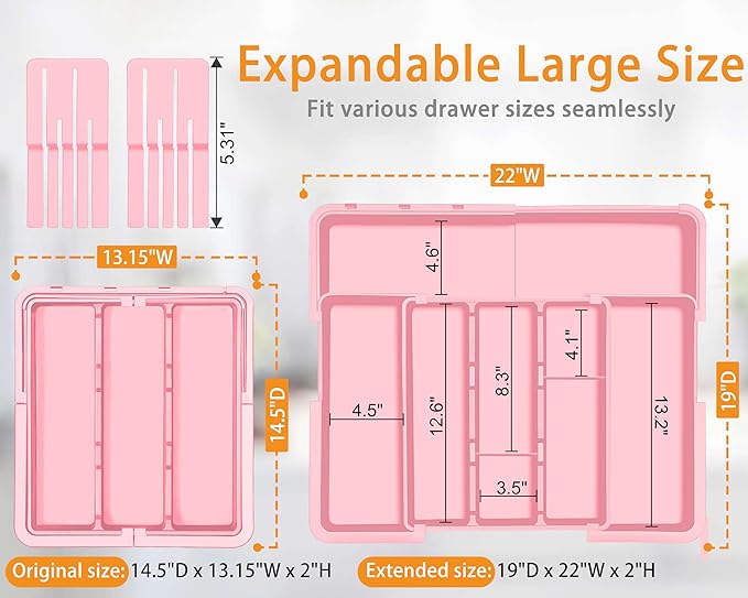 Utensil Drawer Organizer for Kitchen, Pink