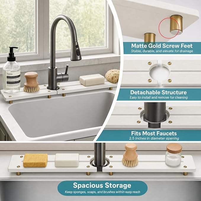 Stone Faucet Mat for Kitchen Sink, Gold White 23.6" x 4"