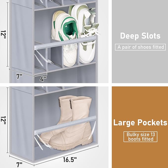 MISSLO 20 Pairs Over the Door Shoe Organizer for Closet Narrow Hanging Shoe Rack for Door Hanger Deep Pocket Door Shoe Holder Storage for Boots, Size 13 Sneakers, Grey