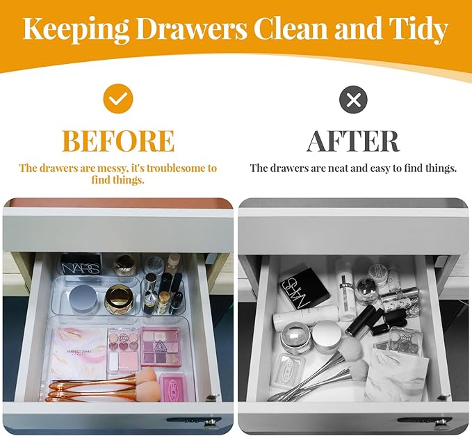 MultiBey 5 PCS Clear Plastic Drawer Organizer Set, 3 Sizes Non-Slip Storage Bins Organizer Trays for Makeup, Jewelry, Pantry & Office