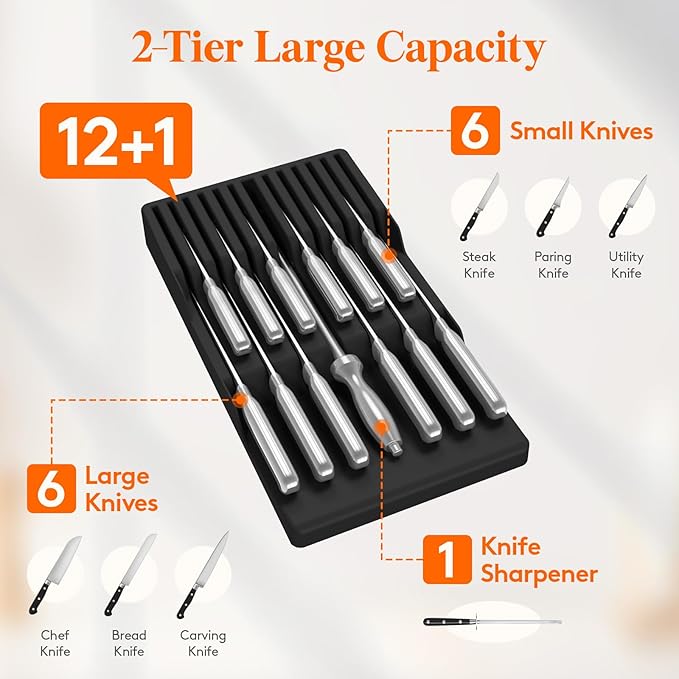 Lifewit Magnetic Drawer Knife Organizers Insert, Kitchen Plastic In Drawer Knife Block Slots, Steak Chefs Knives Holder Storage Sets for 12 Knives and 1 Sharpening Steel, Large, Black