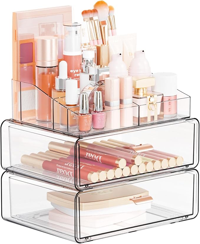 Yieach Clear Acrylic Makeup Organizers Countertop for Dresser,Desk,Bathroom Vanity,3 Tier Stackable Make up Holders and Makeup Cabinet,Tiered Cosmetic Storage and Make up Containers for Palette,Brush