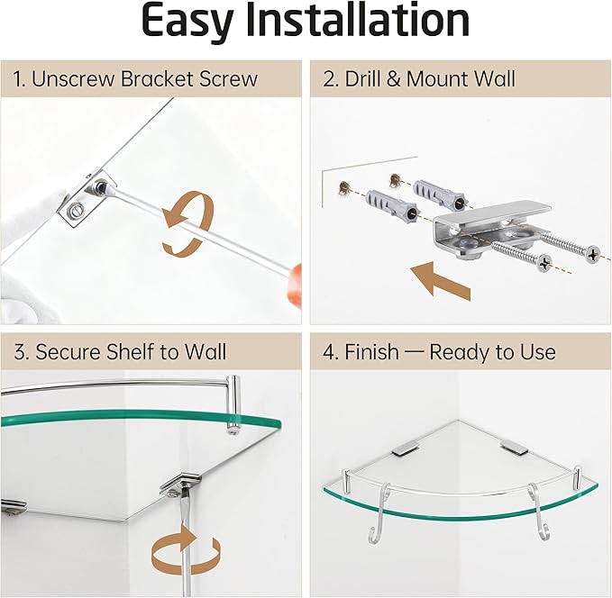 KES Glass Corner Shelf with Hooks 18/8 Stainless Steel, Tempered Glass Bathroom Corner Shelf with Rail, Shower Glass Shelf 2 Pack Wall Mounted, Polished Finish, BGS2101A-P2