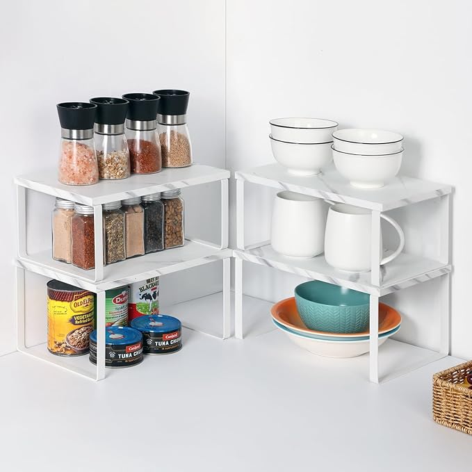 NEX Kitchen Counter Shelf, Stackable Cabinet Shelf Organizers Expandable Countertop Shelf for Pantry, Set of 4, White
