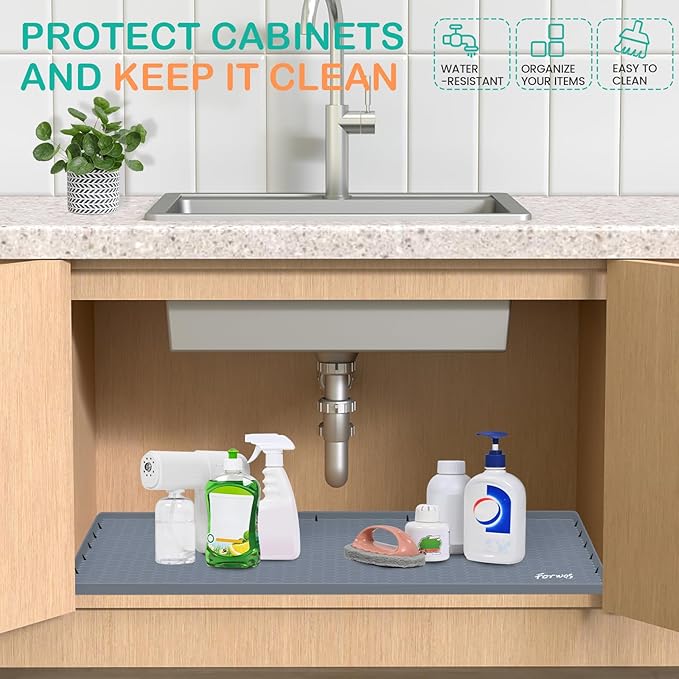 Waterproof Under Sink Mat 28" x 22", Silicone Cabinet Liner, Rubber Protector for Kitchen and Bathroom, Keeps Cabinets Clean, Dry, and Organized (Grey)