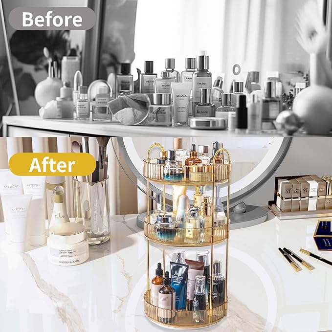 360 Rotating Makeup Organizer for Vanity, 3 Tier Large Capacity Vanity Storage