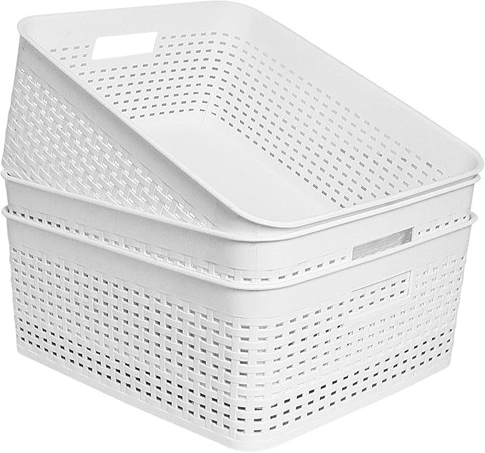 Plastic Storage Baskets for Cabinets, White, L-3PACK