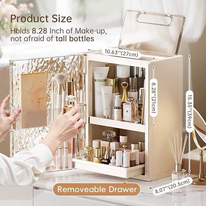 HAIXIN Makeup Organizer with Drawer & Brush Holder, Plastic Cosmetic Display Cases, Large Vanity Organizer Countertop Waterproof for Skincare, Perfume, Bathroom & Dresser (White & Amber)