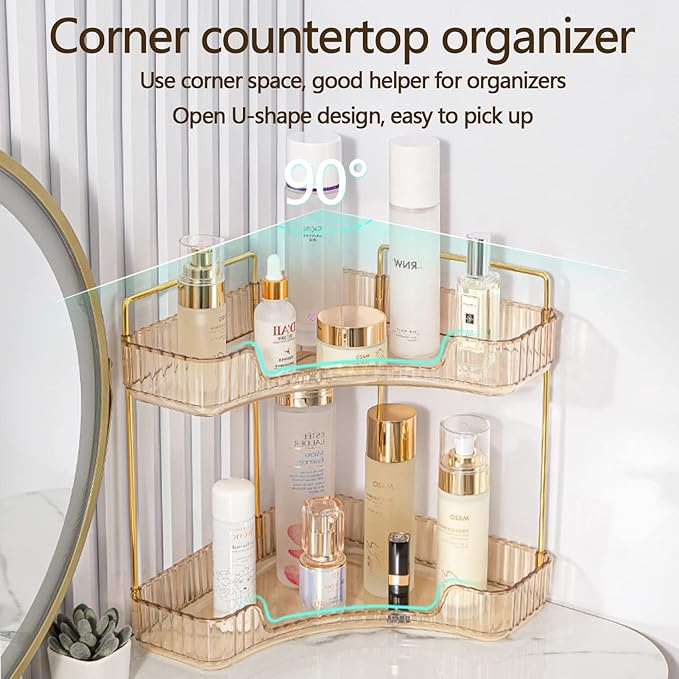 shuang qing 2-Tier Corner Bathroom Counter Organizer – Classic Storage Shelf for Makeup, Perfume & Toiletries, Space-Saving Countertop Tray Fits Bathroom, Dresser, Kitchen (Vintage Gold)