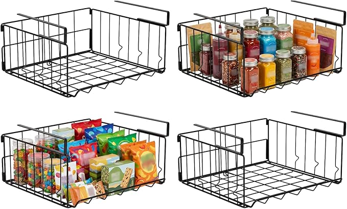 Under Shelf Basket Storage, Steel Under Shelf Hanging Wire Baskets Shelves for Laundry Room Kitchen Desk Pantry Bookshelf (Black, 4 Pack)