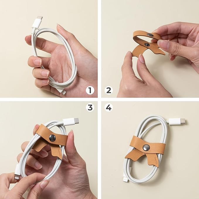 SenseAGE 5 Pack Cord Organizer, Bow Cord Keeper, Cable Organizer USB holder, Leather Cable Management, Cable Straps, Earphone winder, Storage Straps for Electronics, Earbuds (Baby Blue, Small)