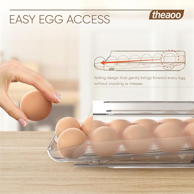 theaoo Egg Holder for Fridge, Automatic Rolling Egg Container for Refrigerator, Clear Plastic Egg Dispenser, Stackable Eggs Organizer with Quick Removable inner Tray For Organizers and Storage, 3 Pack