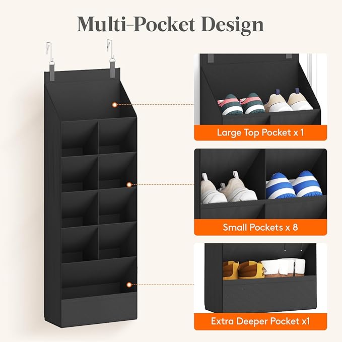 6 Tier Over the Door Shoe Organizer with 11 Large Deep Pockets, Black