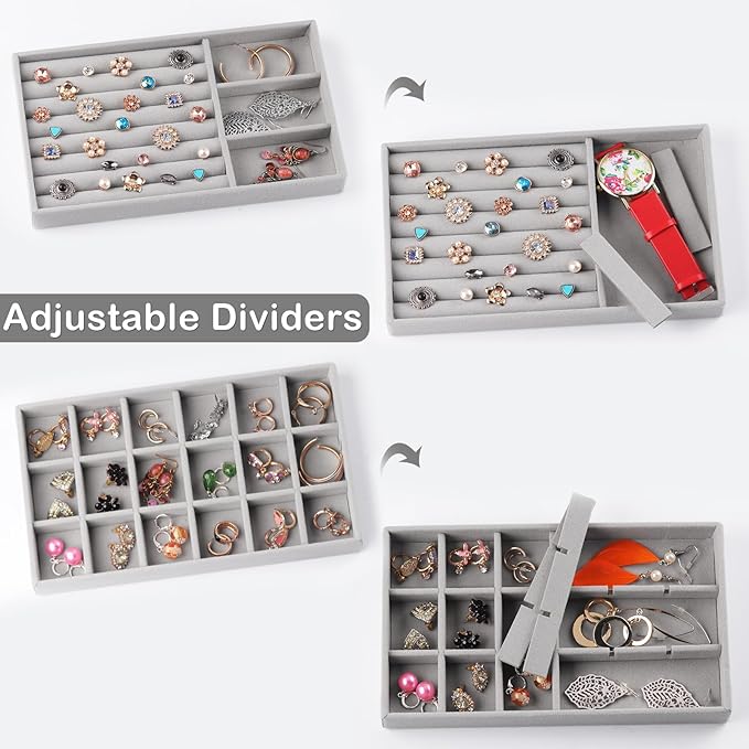 Set of 8 Velvet Jewelry Drawer Organizer Inserts, Stackable Trays with Removable Dividers, Earring and Ring Holder Display for Dresser, Storage Case for Necklace Bracelet Watch - Grey