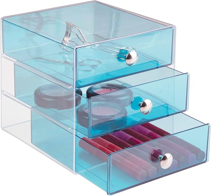 iDesign BPA-Free Plastic 3-Drawer Vanity Organizer - 6.5" x 6.5" x 6.5", Aqua