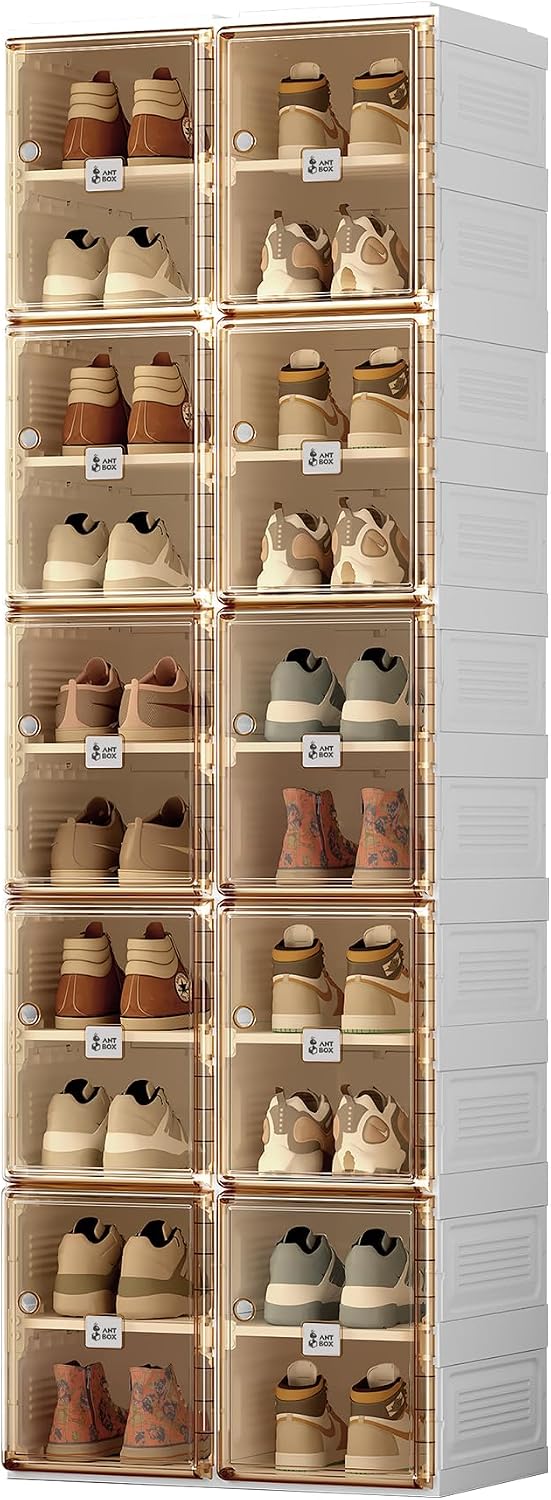 Shoe Organizer Storage Box, Portable Folding Shoe Rack For Closet With Magnetic Clear Door,Large Sneaker Cabinet Bins Sturdy Easy Assembly 10 Layers-20 Grids