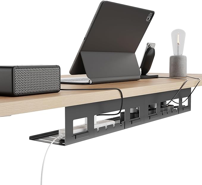 PEGZONE Under Desk Cable Management Tray, 31.5 Inches Metal Cord Organizer Rack, Desk Tray for Power Strip, Cord, Wire, Easy Mounting Cable Management Under Table for Home Office, Black