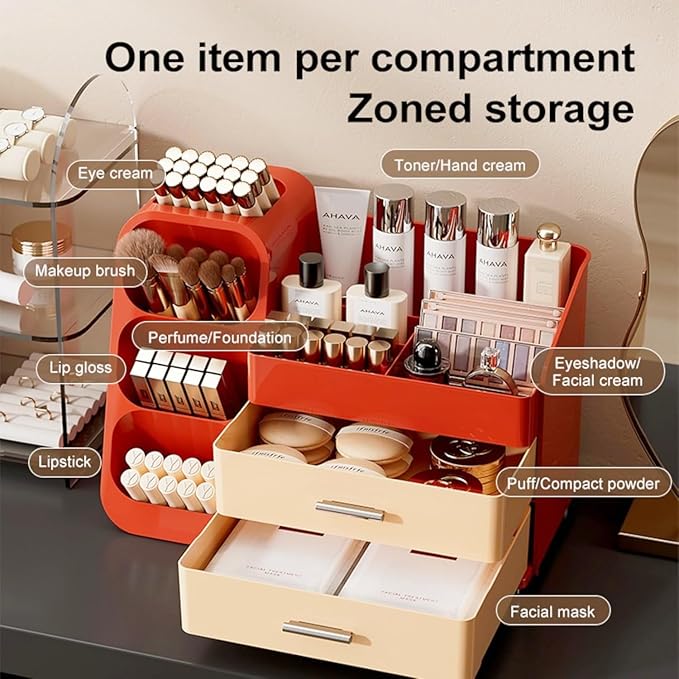 Makeup Organizer with Drawers, Red and Cream