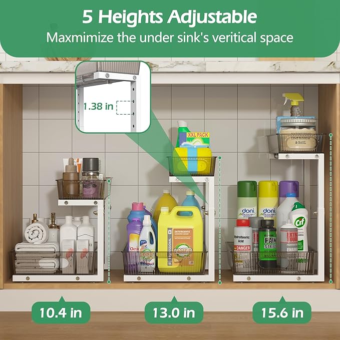 Under Sink Organizer 2 Packs, Pull Out Kitchen Sink Organizer, Grey & White