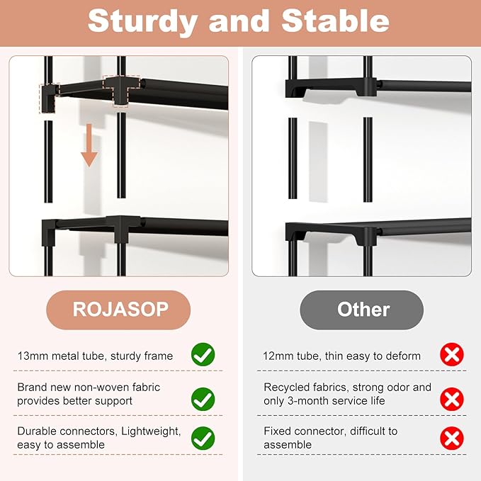 ROJASOP 10 Tier Shoe Rack with Covers,Large Capacity Stackable Tall Shoe Shelf Storage to 50-55 Pairs Shoes and Boots Sturdy Metal Free Standing Shoe Rack Organizer for Closet Entryway Garage