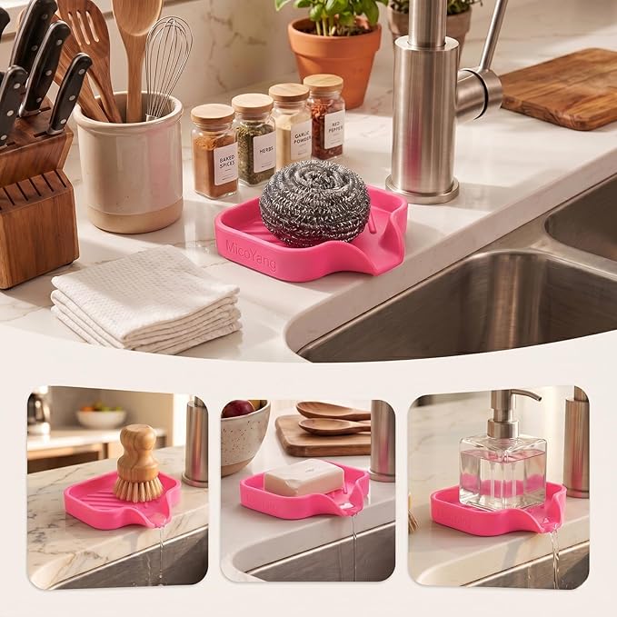 MicoYang Silicone Soap Dish with Drain Spout — Self-Draining Sink Organizer Tray for Bathroom & Kitchen, Holds Bar Soap, Sponges & Dispensers, Non-Slip & Dishwasher Safe, Rose Red (Small, 4.9"×3.2")