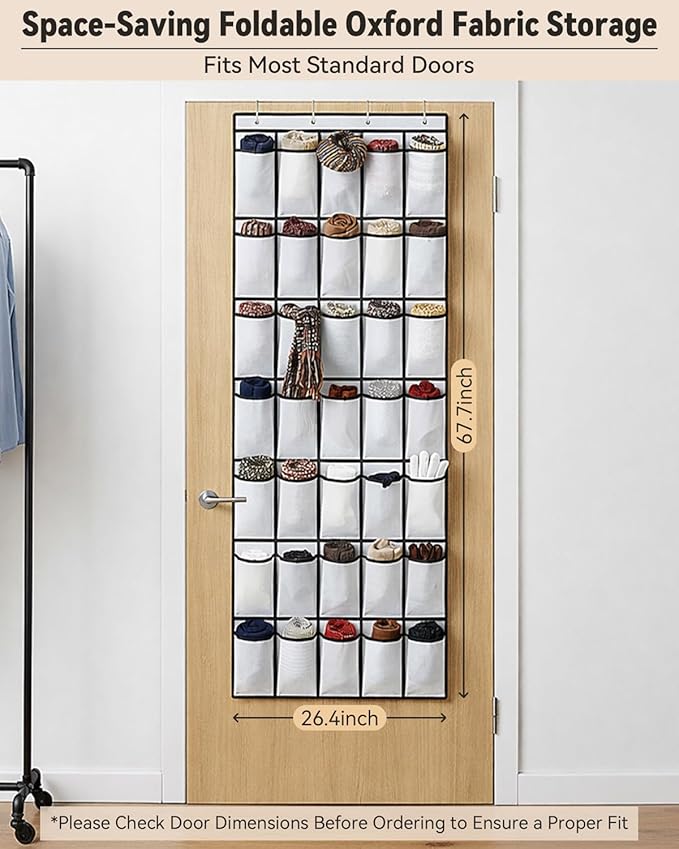 dodowin Over the Door Shoe Organizer Rack, 35 Large Breathable Mesh Pockets, Foldable Hanging Storage Holder for Closet Door, Space Saving Shoe & Accessory Organizer with 4 Metal Hooks, White
