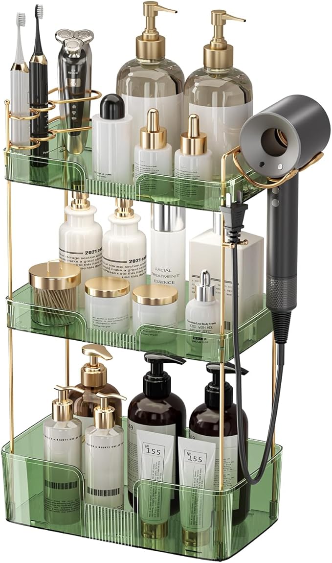 Bathroom Counter Organizer, Large Makeup Organizer Countertop, 3 Tiers Green